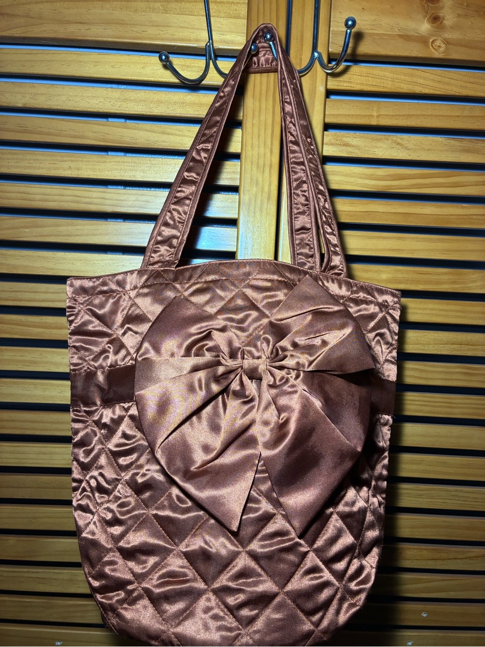 Quilted Satin Tote with Bow Detail - Brown